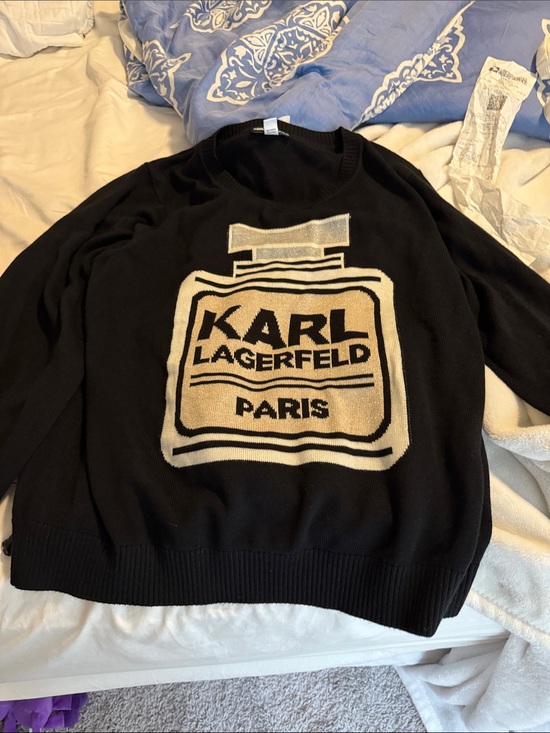 Karl Lagerfeld Sweaters - Karl Lagerfeld Black Crewneck Sweater with Cream Logo Bottle Motif